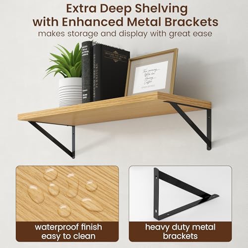 Axeman Deep Floating Shelves - 30 Inch Floating Shelves Set of 2-12 Inch Deep Oak Wall Shelves for Living Room Bathroom 