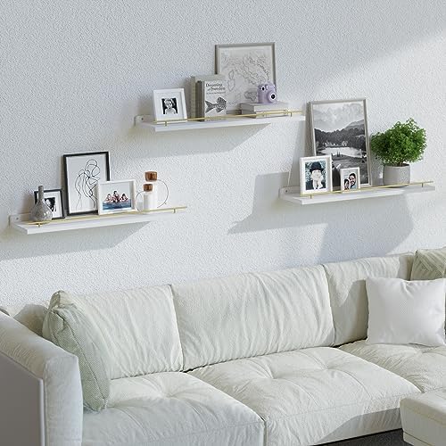 WOPITUES Floating Shelves 24 inch with Gold Metal Guardrail, Shelves for Wall Decor Set of 3, Wall Shelves for Bedroom, 