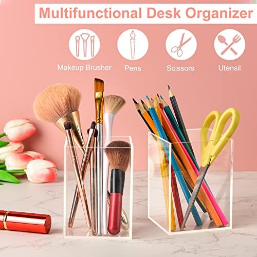 Mototo 2 Pieces Clear Acrylic Pen Holder & Pencil Cup Clear Makeup Bush Holder Acrylic Desktop Stationery Organizer for Office School Home Desk Accessories - 2 Pack, Square