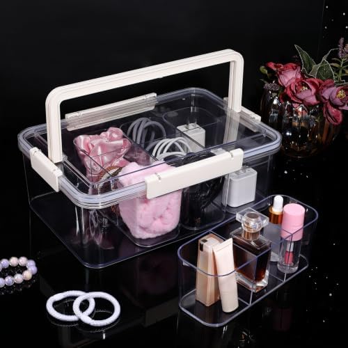 Large Cable Storage Box with Lid Clear Power Cords Organizer 4 Adjustable Dividers Case Desktop Cable Management Box for