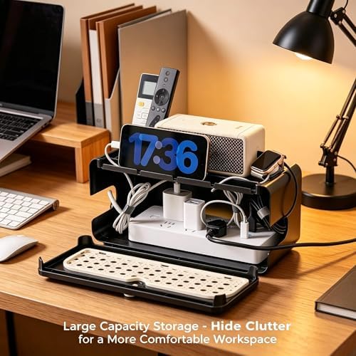 Black Faux Rattan Cable Management Box, Woven Power Strip Cover