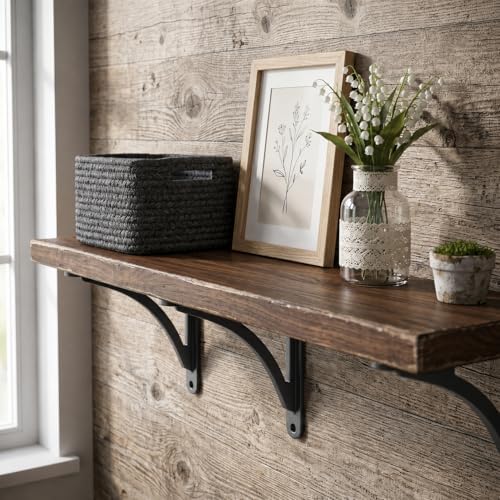 Khtumeware 100% Solid Brass Decorative Shelf Brackets, 7-inch Wall-Mounted Shelving Brackets, 2-Pack Matte Black Vintage