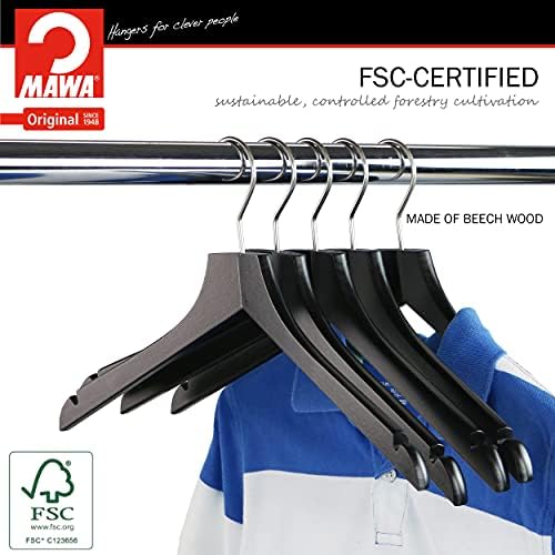 MAWA by Reston Lloyd, European Wooden Hanger, Beech Wood Straight Hanger with Shoulder Notches, Rotating Chrome Hook, Bl