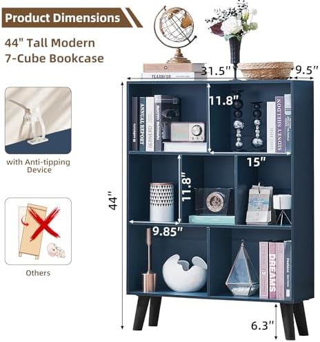 LEYAOYAO Cube Bookshelf, Mid-Century Modern Book Shelf with Legs, Dark Blue