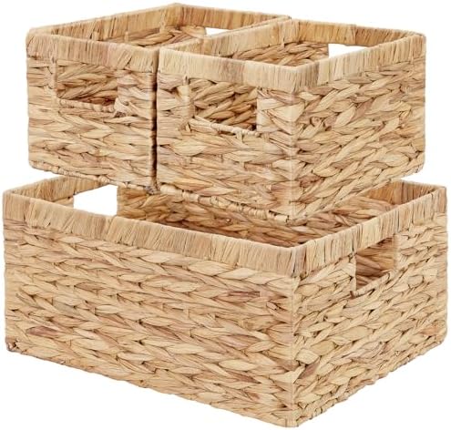 Vagusicc Wicker Basket, Set of 3 Hand-woven Storage Baskets for Organizing, Water Hyacinth Wicker Storage Basket Bins wi