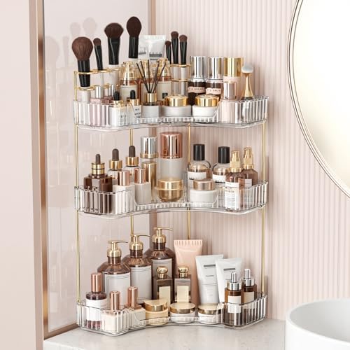 BEFSOP Corner Bathroom Counter Organizer, Upgraded 3-Tier Makeup Organizer Countertop with Makeup Brush Holder, Skincare