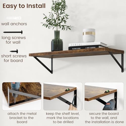 Axeman Deep Floating Shelves - 30 Inch Floating Shelves Set of 2-12 Inch Deep Brown Wood Wall Shelves for Living Room Ba