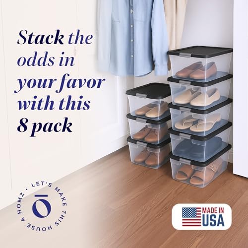 HOMZ 8-Pack Snaplock, Small Clear Plastic Storage Organizer Bins with Lids, 15 Quart, Gray - Stackable Container Boxes f