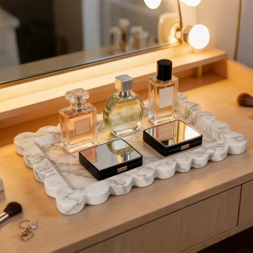 Natural Marble Tray, Scalloped Edge Vanity Organizer for Home Decor