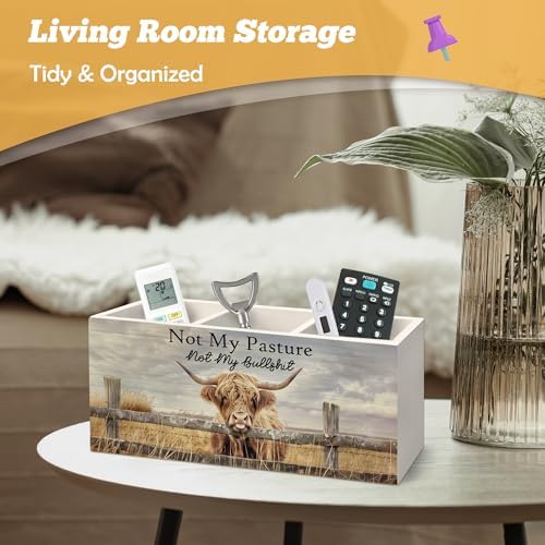 Highland Cow Pen Holder Organizer for Desk Accessories, Farmhouse Western Animal Wooden Box Sign Desk Decorations for Office School, Highland Cow Gifts for Women
