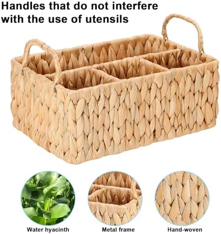 Wicker Party Silverware Caddy, Water Hyacinth Plastic Cutlery Utensil Holder, Hand Woven with Handles, Kitchen Counterto