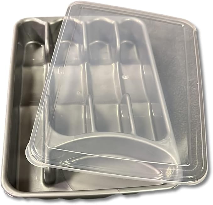 BLACK PEARL Utensil and Silverware Organizer tray for drawer with cover -Cutlery Flatware Organizer with lid - for kitchen drawer, BBQ, picnic, Covered flatware tray,5 Compartments - Plastic (SILVER)