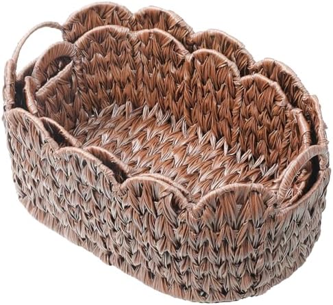 Coeusy Wicker Scalloped Basket Set of 2,Woven Storage Baskets for Shelves,Closet,Laundry,Gift,Towels,Books,Toys,Waterproof Cute Decor Basket for Organizing,Brown