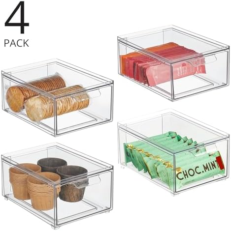 mDesign Stackable Storage Containers Box with Pull-Out Drawer - Stacking Plastic Drawers Bins for Kitchen Pantry and Cup