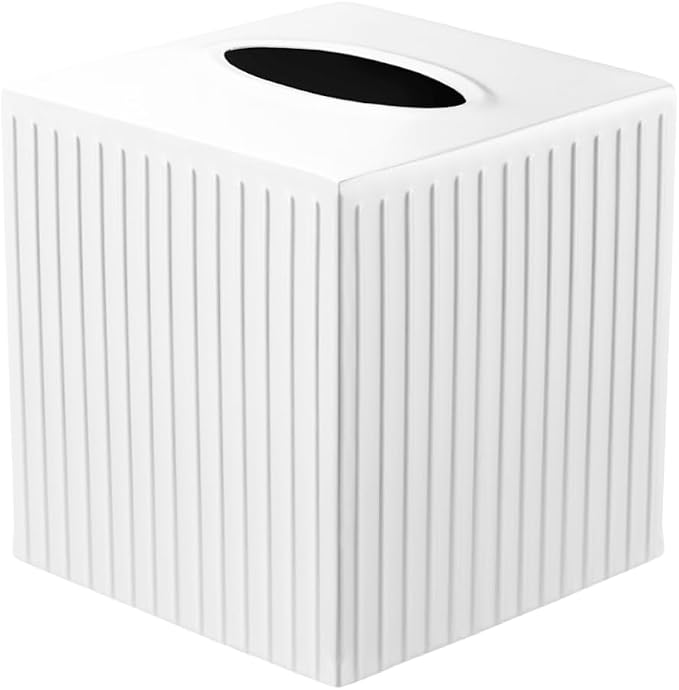 Monarch Abode Tissue Box Cover Square – Handcrafted Ridge Embossed White Metal Tissue Holder Box for Bathroom Accessory, Aesthetic Decorative Facial Napkin Cube for Modern Home Decor