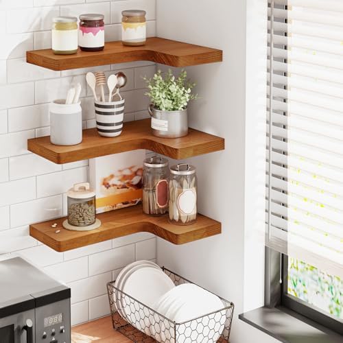 Fixwal Corner Floating Shelves for Wall Mounted Natural Solid Wood 16"x11.4" Farmhouse Home Decor Display Shelving Set o