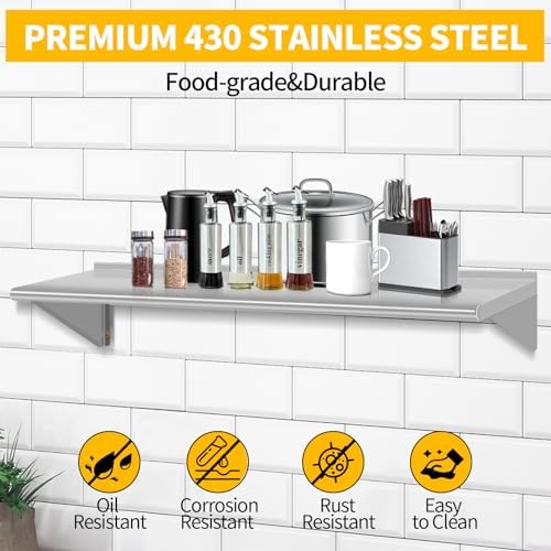 12" D x 48" W Stainless Steel Wall Mounted Shelves, Floating Shelving with Brackets, Commercial Shelf Perfect for Restau
