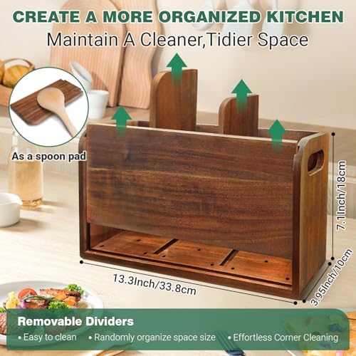Kitchen Utensil Holder for Countertop with 3 Compartments，Acacia Wood Utensil Holder Cooking Spatula Organizer Large Cut