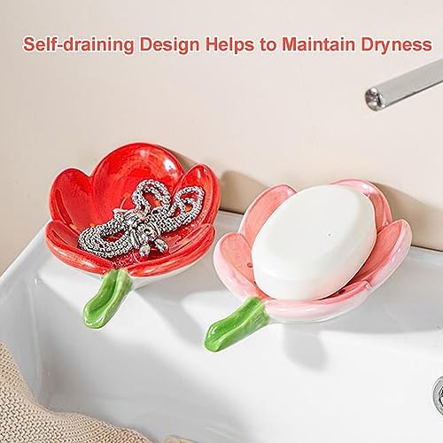 Self-Draining Soap Dish Flower Shaped Cute Shower Soap Container for Kitchen, Bathroom, Bedroom, Tulip, Red