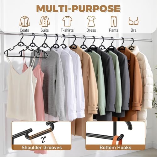 Heavy Duty Plastic Hangers 50 Pack, Stackable Space Saving, Black