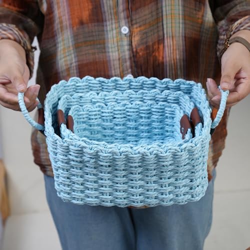 Woven Paper Rope Wicker Basket for Organizing(Set of 3,Blue)