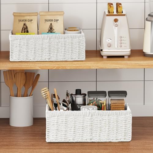 Vagusicc Wicker Storage Basket, Set of 2 Hand-Woven Paper Rope Wicker Baskets for Organizing Decor Storage Bins for Coun