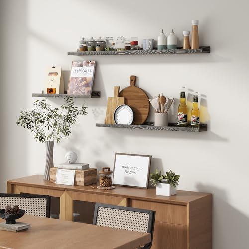 FLYJOE Picture Ledge Wall Shelves - 24 Inch Width Set of 3, Solid Pine Wood Rustic Floating Ledge Shelves for Kids' Room, Bedroom, Kitchen, Bathroom, Living Room, Nursery Display Wall Decor, Grey