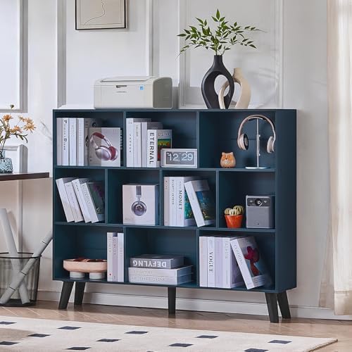 LEYAOYAO 10 Cube Bookshelf,Mid-Century Modern Bookcase with Legs,Dark Blue