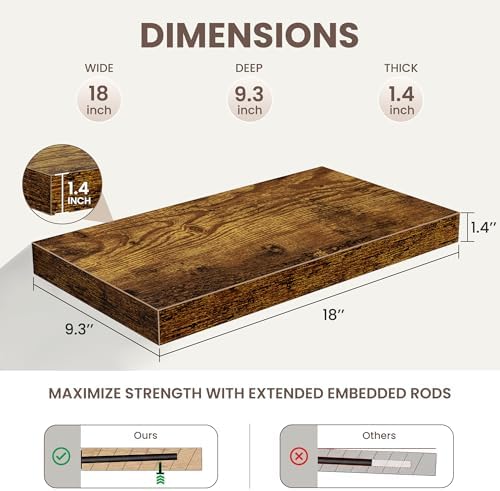Floating Shelves for Wall,18 Inch Rustic Brown Wall Shelves Set of 2,9.3" Deep Floating Shelf with Invisible Bracket,Wal