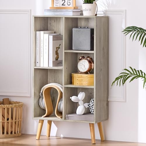 LEYAOYAO 5 Cube Bookshelf, Mid-Century Modern Book Shelf with Legs, Grey