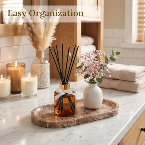Light Emperador Marble Vanity Tray for Bathroom Counter, 10"x5" Decorative Tray for Perfume, Candles, Stone Jewelry Dish