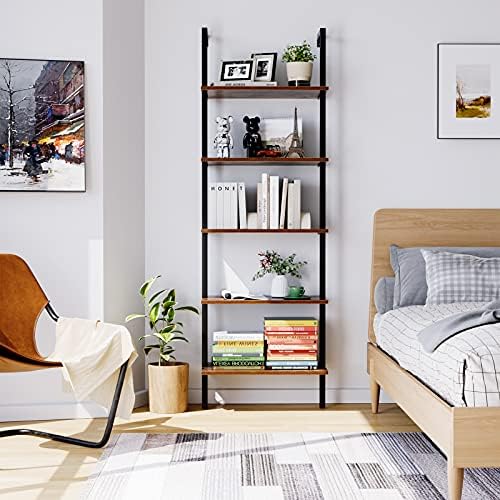 HHS 5 Tier Ladder Shelf, Wall Mounted Bookcase Dispaly Storage Rack Plant Flower Stand for Home Office, 23.6 x 7.3 x 72.