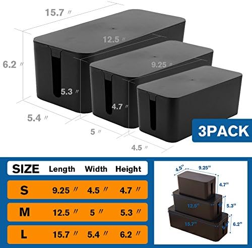 ShellKingdom Cable Management Box, 3 Pack Cable Organizer for Cable Cord Management, Storage and Holder to Cover and Hid