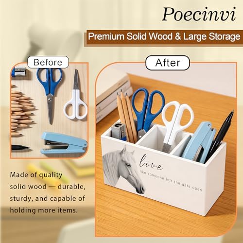 Inspirational White Horse Pen Holder for Home Office Desk, Horse Lover Gifts, Live Like Someone Left the Gate Open Motivational Wooden Box Sign Pencil Holder for Desk Shelf Organizer