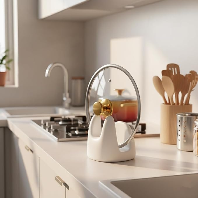 Nihow Ceramic Pot Lid Holder While Cooking for Kitchen Counter/Stove Top | Catch Water & Oil Drips,Stable & Secure,Heat Resistant,Easy to Clean & Dishwasher Safe,Space-Saving,Multi-Purpose Holder