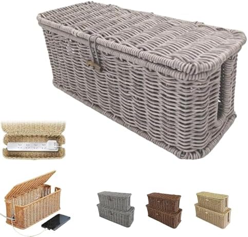 Handwoven Rattan Cable Management Box, Basket to Hide Cords, Container for Tv Wire, Computer, Router, USB Hub (Gray, M：1