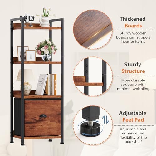 OLIXIS 4 Tier Bookshelf with Drawer, Narrow Freestanding Open Bookcase