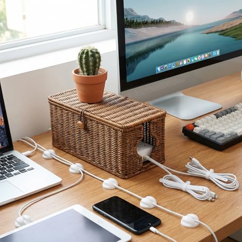 Wicker Cable Management Box, 2 Pack Large & Small Cable Organizer Box, Faux Rattan Hand-Woven Desk Organizer with 10 Cor