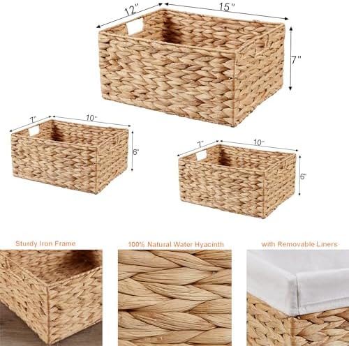 Vagusicc Wicker Basket, 3-Pack Water Hyacinth Wicker Storage Basket with Handles, Storage Baskets for Organizing, Large 