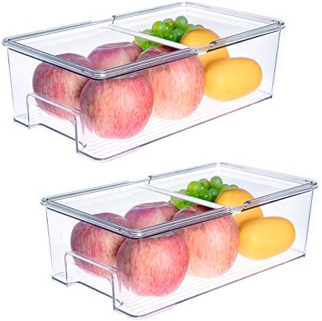 SANNO Vegetable Refrigerator Organizer Food Bins with lids Large Stackable Fridge Clear Organizers Kitchen Cabinet Organ