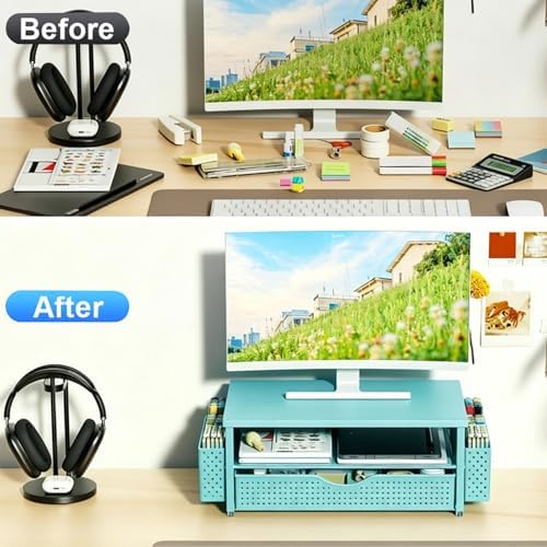 Spacrea Computer Monitor Stand with Drawer and 2 Pen Holders, Blue