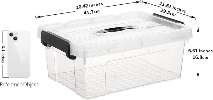 Cetomo Lidded Storage Bin with Handle, Tote Organizing Container with Durable Lid and Secure Latching Buckles, Stackable and Nestable, Plastic, 16 Quart-6 Pack, Clear