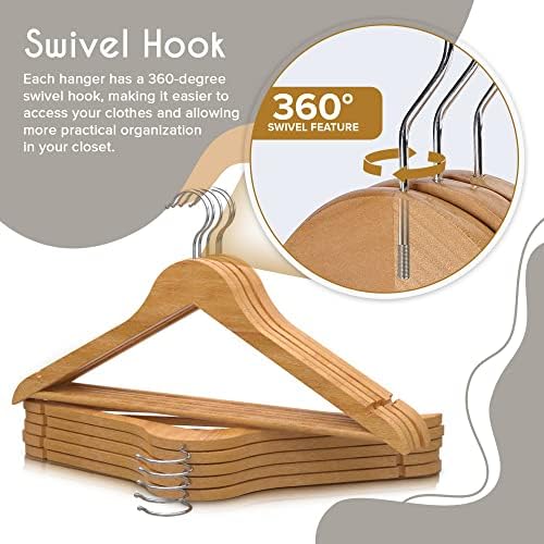 PORTENTUM Wooden Hangers, Pack of 10, Natural Colour. 360º Swivel Hook, All Types of Clothes, Trouser Hangers, Non-Slip 