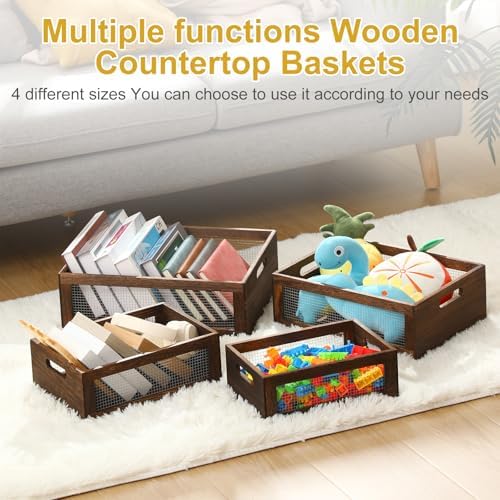FillTouch 4 Pcs Wooden Nesting Countertop Baskets, Dark Brown, Large