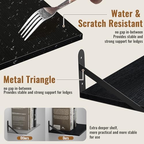 Black Deep Floating Shelves for Wall, 16" W x 12" D Wood Shelf Set of 2, Bookshelf Wall Mounted Hanging Shelves for Livi