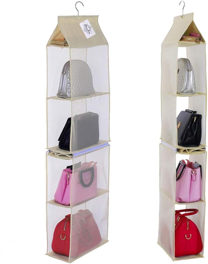 Detachable 4 Compartment Pouch Hanging Handbag Organizer Clear Purse Bag Storage Holder Wardrobe Closet Space Saving Organizers System for Living Room Bedroom(Pack of 2 Beige)