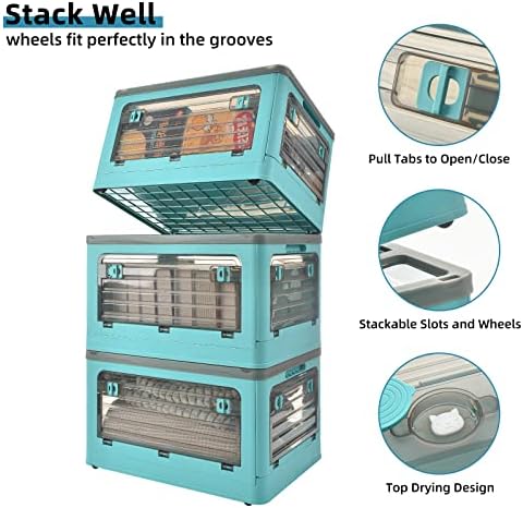 32Qt Plastic Storage Bins with Lid, Collapsible Storage Bins with Wheels, Storage Boxes with 4 Doors, Stackable Storage 