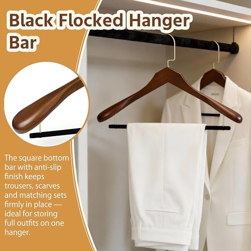 Luxury Wide Shoulder Wooden Suit Hangers, Flocking Pants Bar, Classisc Solid Wood Jacket Clothes Hangers Smooth Finish for Sweater Dress Pants Sport Coats (Dark Brown, 3 Pack)