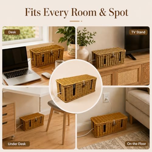 Handmade Rattan Cable Management Box with Lid, Cord Hider Organizer Box with 2 Open Side Slots for Power Strip, Router, 