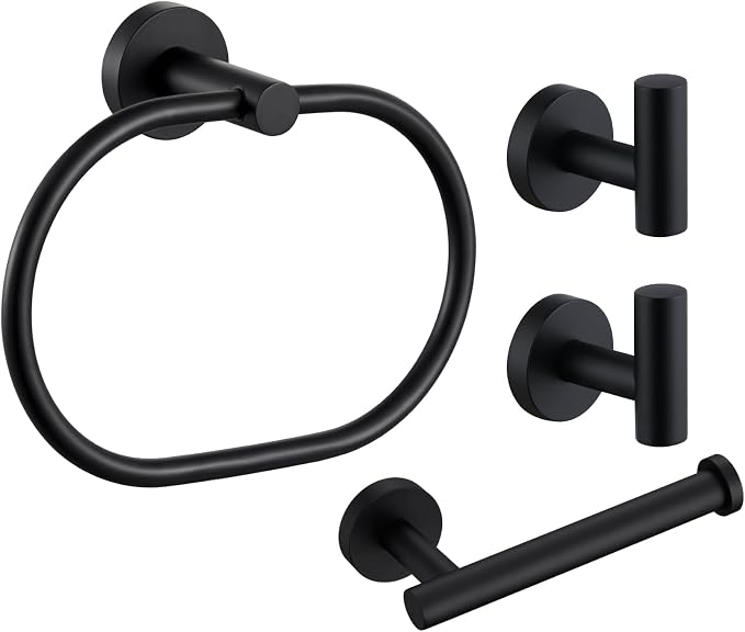 Bathroom Hardware Set 4-Piece Matte Black, Angle Simple Stainless Steel Bathroom Accessories with Towel Hook x 2, Toilet Paper Holder and Rotary Towel Ring, Wall Mount